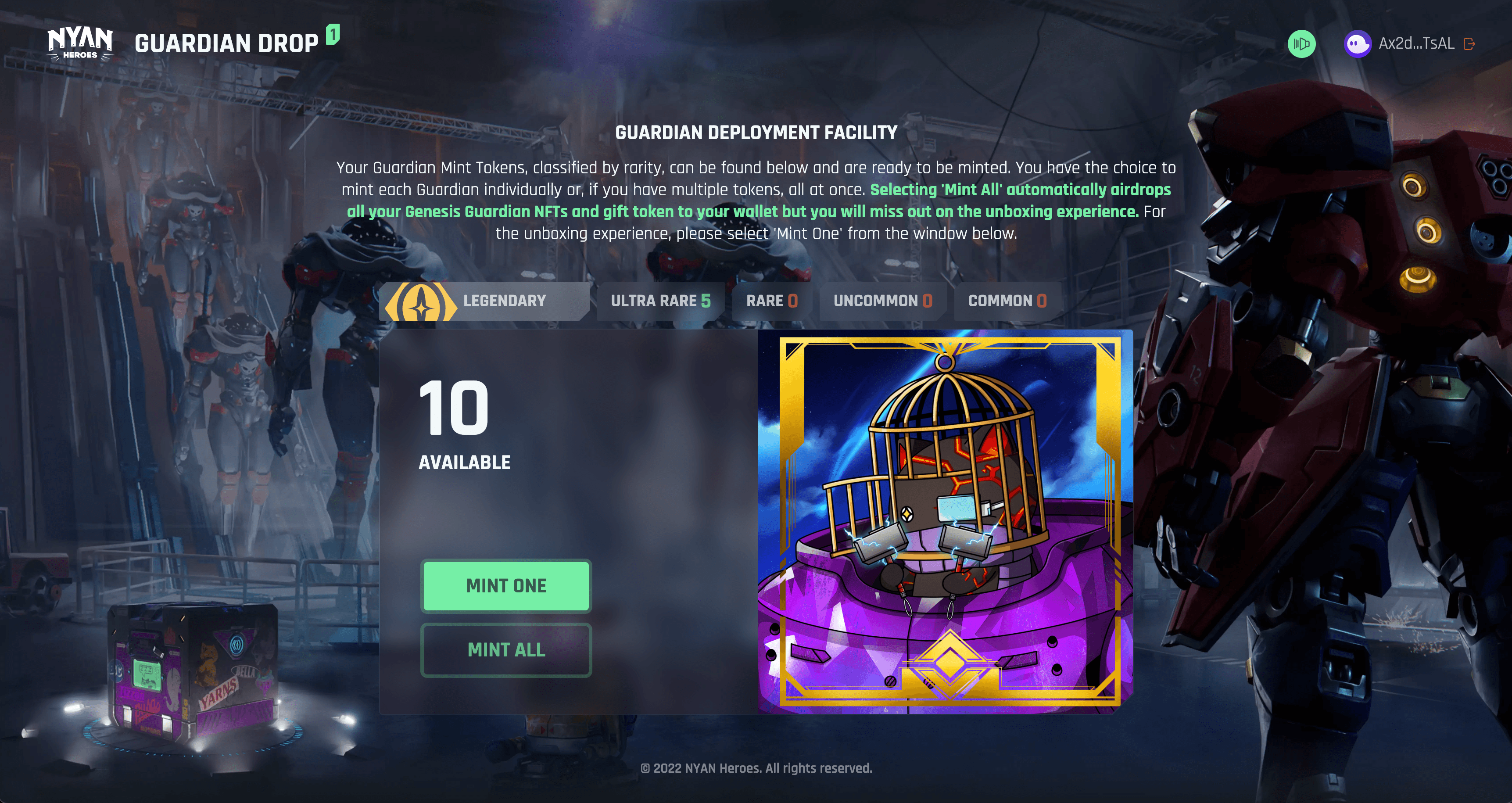 Minting screen of Nyan Heroes Guardian Mech NFT Unboxing Experience