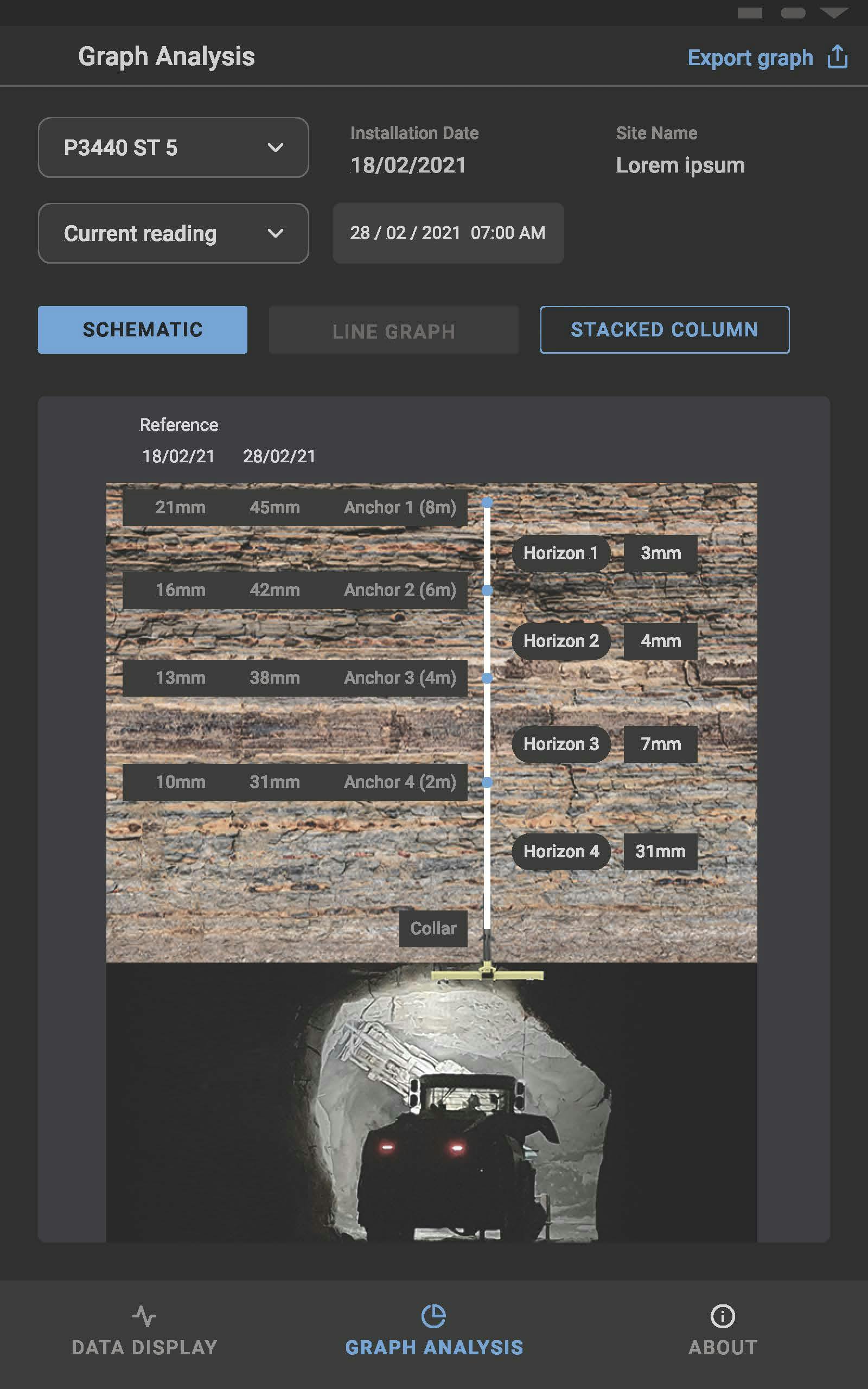 RockSHIELD App showing schematic of rock displacement over 2 reference dates.